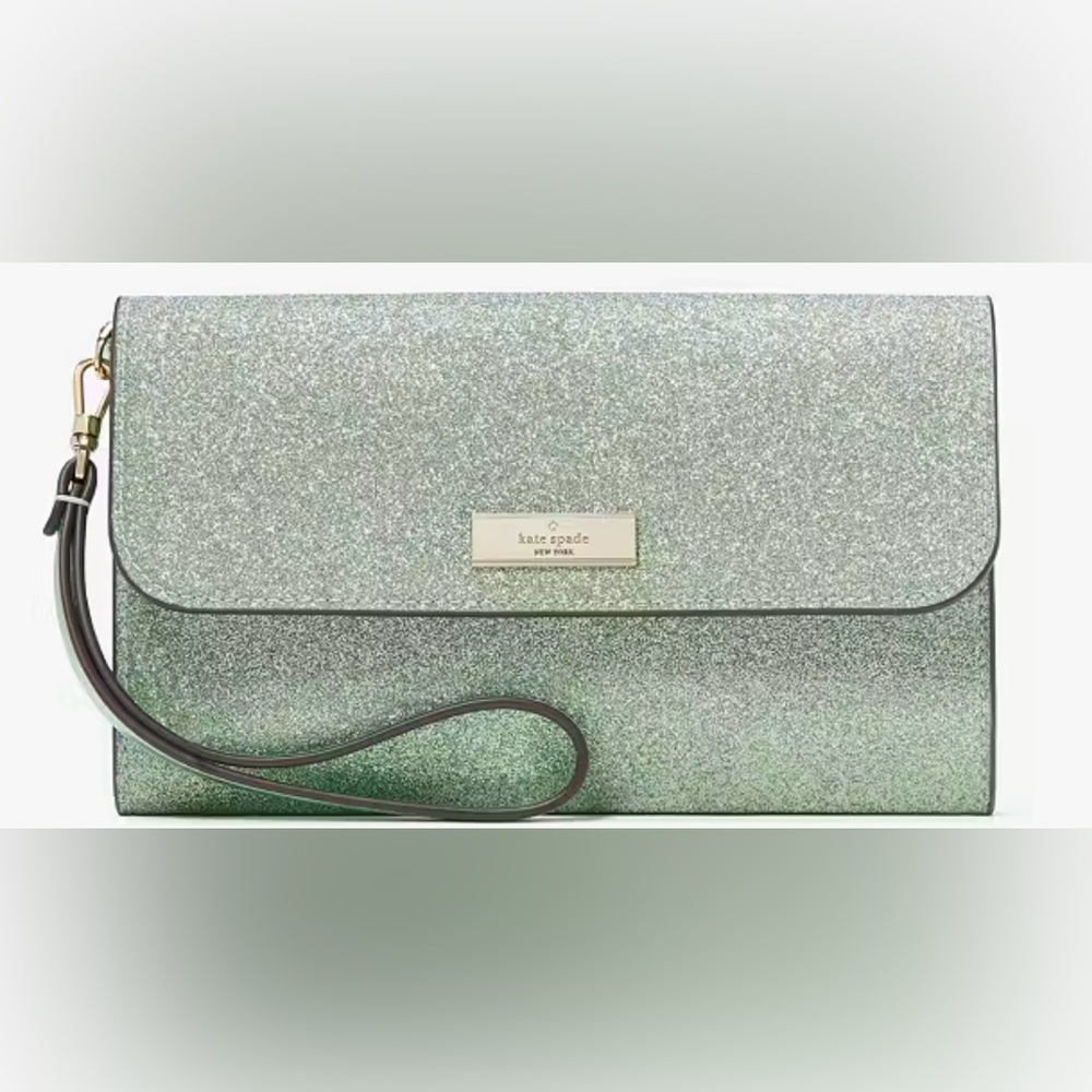 KATE SPADE NIB Kenzie Boxed Seawater Sparkling Green Glitter Medium Flp Wristlet - Picture 14 of 16